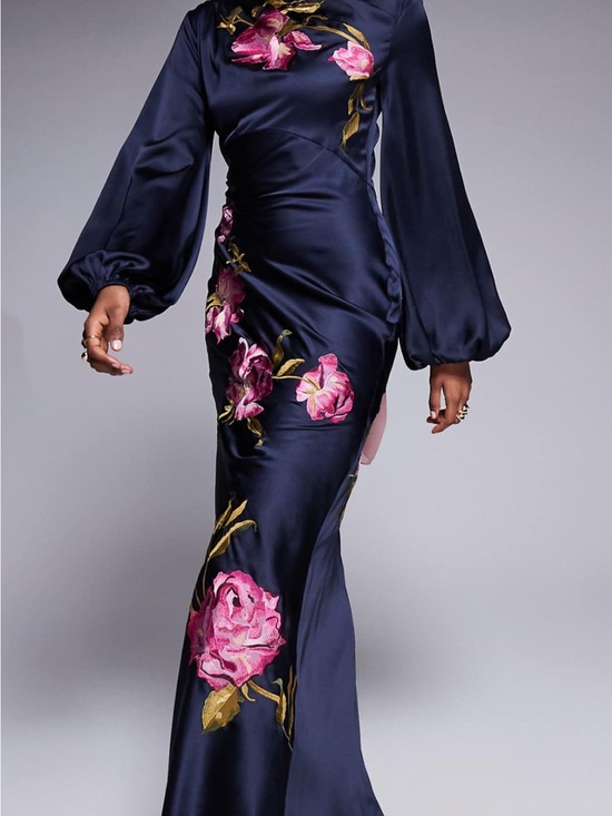 ASOS Dresses & Skirts - ASOS Navy Satin Long Sleeve Floral Embroidered Gown